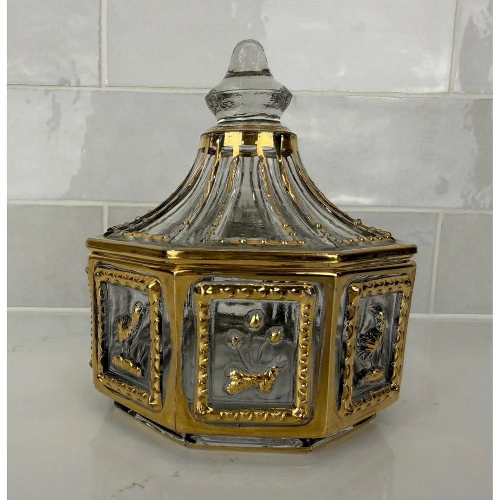 Imperial Glass Octagonal Trinket Box Gold Gilt Bird Flower Candy Dish With Lid
